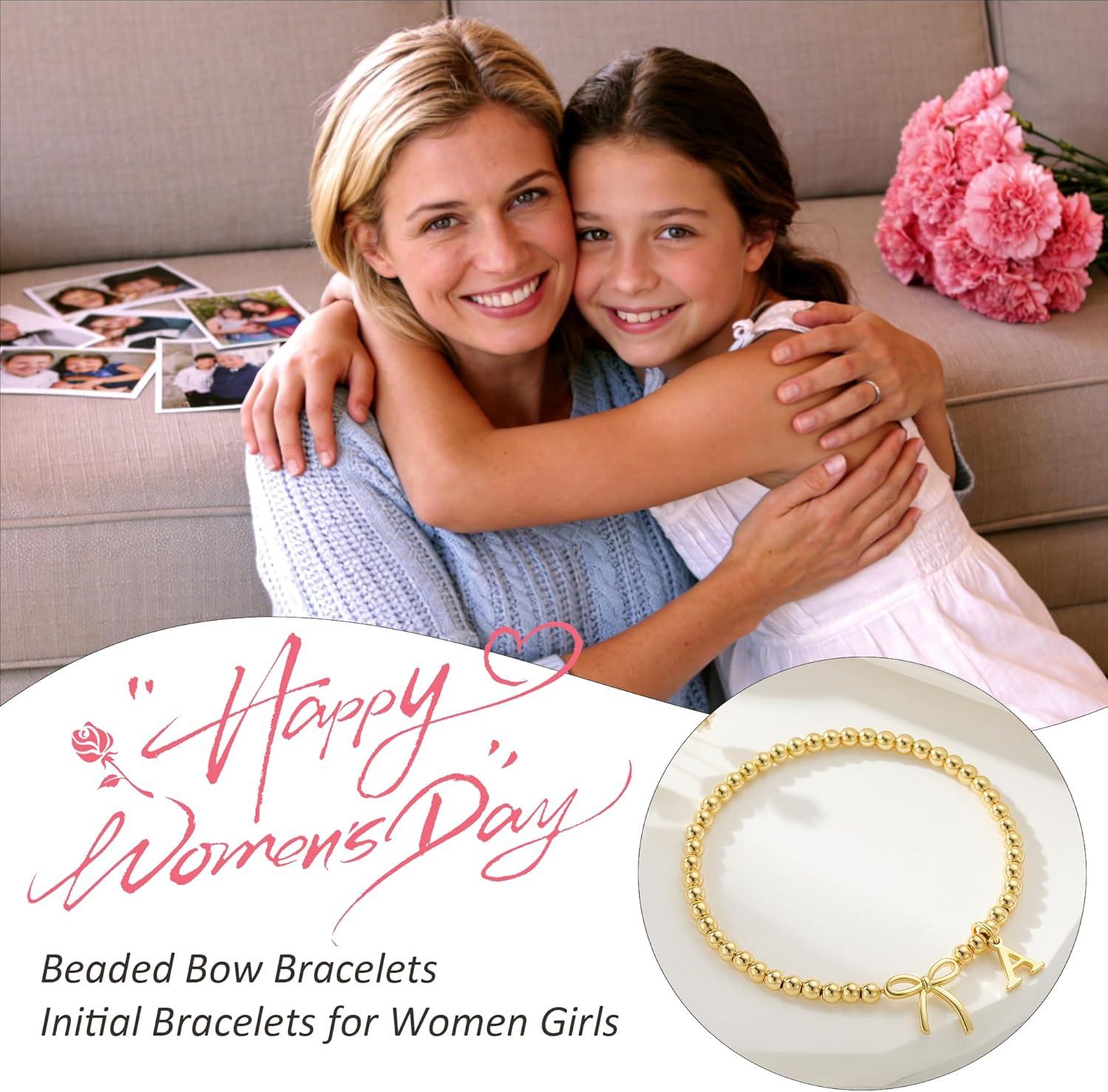 imageM MOOHAM Mothers Day Gifts Initial Bow Bracelets 14K Gold Plated Letter AZ Beaded Bracelet for Teen Girls Charm Stretch Initial Bracelets Women Dainty Bow Jewelry Personalized Birthday GiftsK