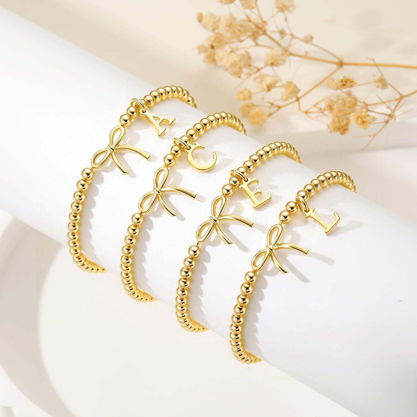imageM MOOHAM Mothers Day Gifts Initial Bow Bracelets 14K Gold Plated Letter AZ Beaded Bracelet for Teen Girls Charm Stretch Initial Bracelets Women Dainty Bow Jewelry Personalized Birthday GiftsL