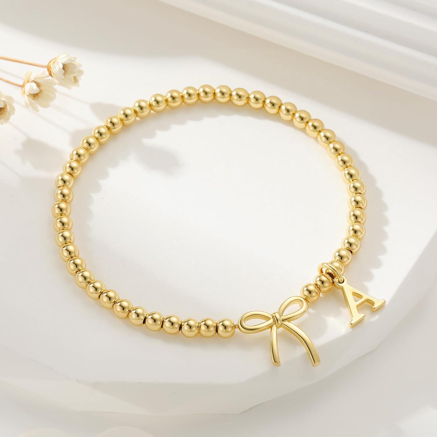 imageM MOOHAM Mothers Day Gifts Initial Bow Bracelets 14K Gold Plated Letter AZ Beaded Bracelet for Teen Girls Charm Stretch Initial Bracelets Women Dainty Bow Jewelry Personalized Birthday GiftsK