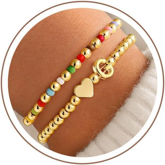 imageM MOOHAM Initial Bracelet 14k Gold Plated Heart Initial Letter AZ Beaded Bracelets for Women Trendy Dainty 2PCS Colorful Stretch Beaded Bracelet Jewelry Personalized Birthday Gifts for WomenG