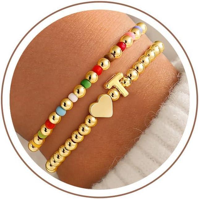 imageM MOOHAM Initial Bracelet 14k Gold Plated Heart Initial Letter AZ Beaded Bracelets for Women Trendy Dainty 2PCS Colorful Stretch Beaded Bracelet Jewelry Personalized Birthday Gifts for WomenT
