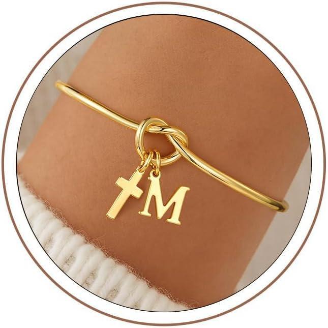 imageM MOOHAM Mothers Day Gifts Gold Initial Bracelets for Women Girls Dainty Knot Letter AZ Cross Initial Bracelet 14K Gold Plated Cuff Bracelet Jewelry Christian Bracelet Religious Baptism GiftsM
