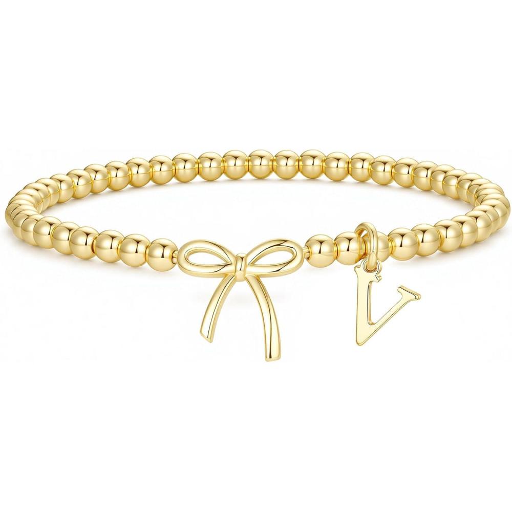 imageM MOOHAM Mothers Day Gifts  Initial Bow Bracelets 14K Gold Plated Letter AZ Beaded Bracelet for Teen Girls Charm Stretch Initial Bracelets Women Dainty Bow Jewelry Personalized Birthday GiftsV