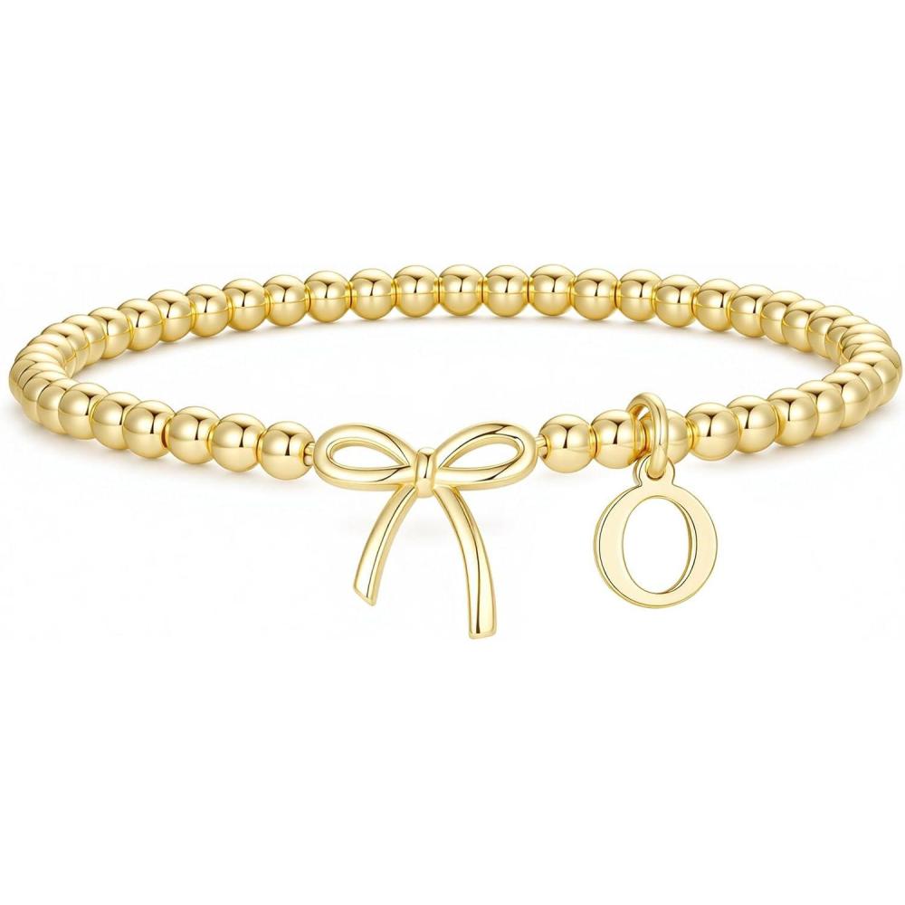 imageM MOOHAM Mothers Day Gifts Initial Bow Bracelets 14K Gold Plated Letter AZ Beaded Bracelet for Teen Girls Charm Stretch Initial Bracelets Women Dainty Bow Jewelry Personalized Birthday GiftsO