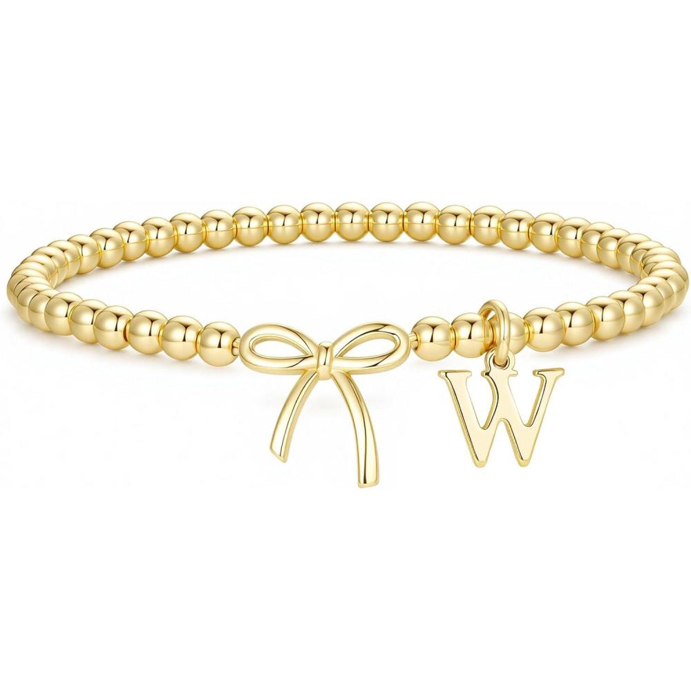 imageM MOOHAM Mothers Day Gifts Initial Bow Bracelets 14K Gold Plated Letter AZ Beaded Bracelet for Teen Girls Charm Stretch Initial Bracelets Women Dainty Bow Jewelry Personalized Birthday GiftsW
