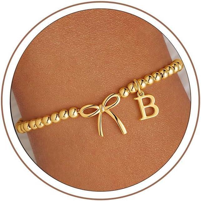 imageM MOOHAM Mothers Day Gifts  Initial Bow Bracelets 14K Gold Plated Letter AZ Beaded Bracelet for Teen Girls Charm Stretch Initial Bracelets Women Dainty Bow Jewelry Personalized Birthday GiftsB