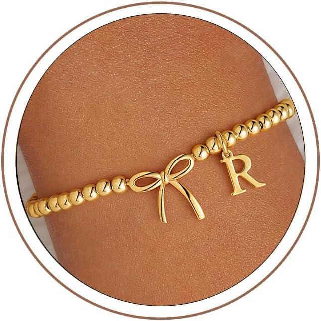 imageM MOOHAM Mothers Day Gifts Initial Bow Bracelets 14K Gold Plated Letter AZ Beaded Bracelet for Teen Girls Charm Stretch Initial Bracelets Women Dainty Bow Jewelry Personalized Birthday GiftsR