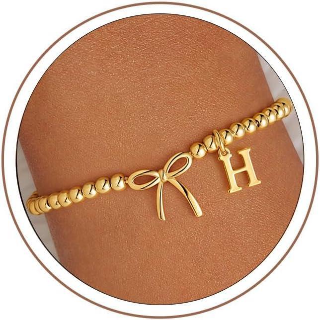 imageM MOOHAM Mothers Day Gifts Initial Bow Bracelets 14K Gold Plated Letter AZ Beaded Bracelet for Teen Girls Charm Stretch Initial Bracelets Women Dainty Bow Jewelry Personalized Birthday GiftsH