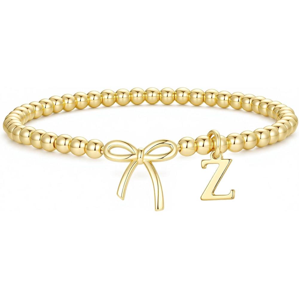 imageM MOOHAM Mothers Day Gifts Initial Bow Bracelets 14K Gold Plated Letter AZ Beaded Bracelet for Teen Girls Charm Stretch Initial Bracelets Women Dainty Bow Jewelry Personalized Birthday GiftsZ