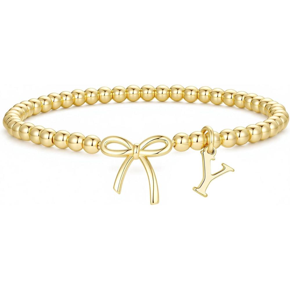 imageM MOOHAM Mothers Day Gifts  Initial Bow Bracelets 14K Gold Plated Letter AZ Beaded Bracelet for Teen Girls Charm Stretch Initial Bracelets Women Dainty Bow Jewelry Personalized Birthday GiftsY