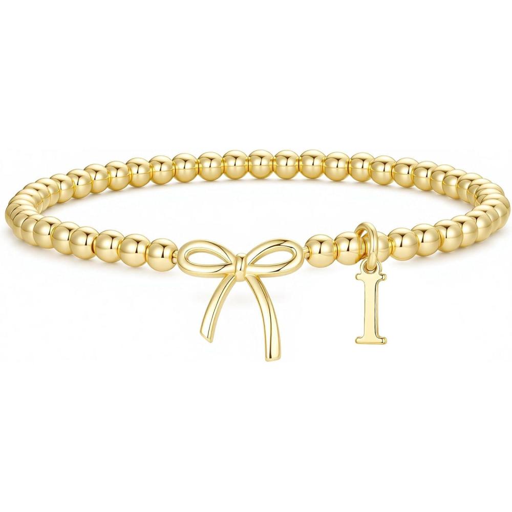 imageM MOOHAM Mothers Day Gifts Initial Bow Bracelets 14K Gold Plated Letter AZ Beaded Bracelet for Teen Girls Charm Stretch Initial Bracelets Women Dainty Bow Jewelry Personalized Birthday GiftsI