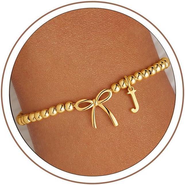 imageM MOOHAM Mothers Day Gifts Initial Bow Bracelets 14K Gold Plated Letter AZ Beaded Bracelet for Teen Girls Charm Stretch Initial Bracelets Women Dainty Bow Jewelry Personalized Birthday GiftsJ