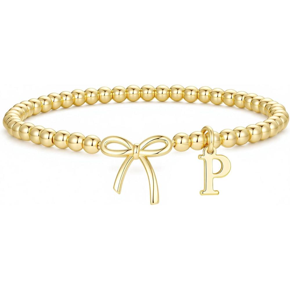 imageM MOOHAM Mothers Day Gifts Initial Bow Bracelets 14K Gold Plated Letter AZ Beaded Bracelet for Teen Girls Charm Stretch Initial Bracelets Women Dainty Bow Jewelry Personalized Birthday GiftsP