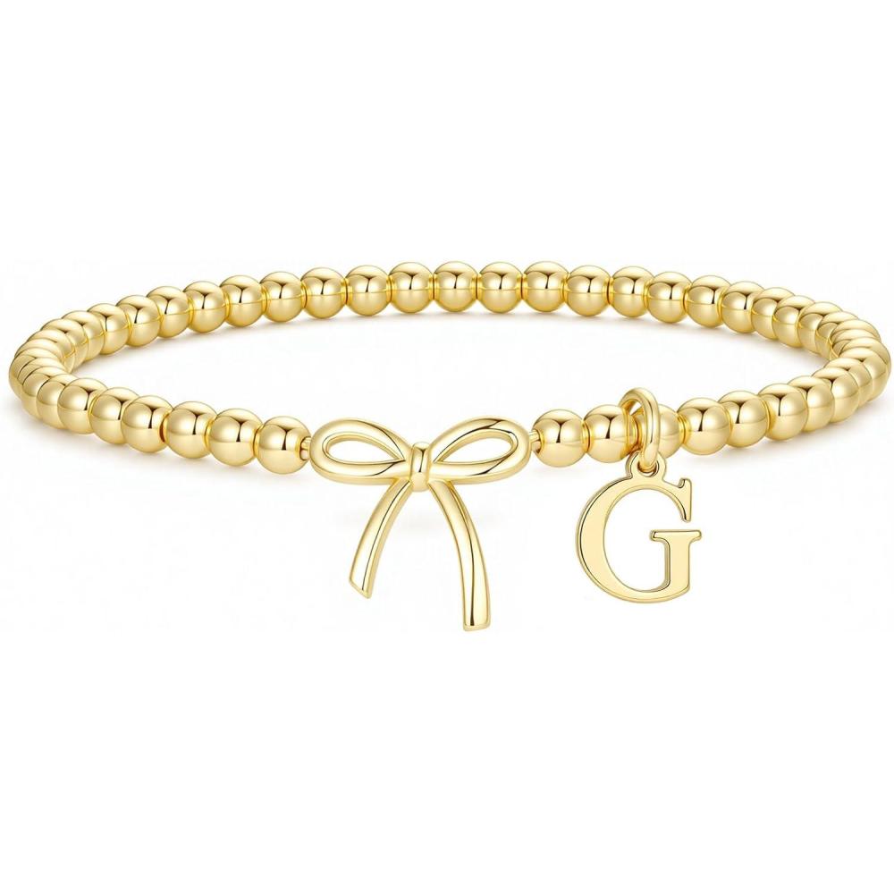 imageM MOOHAM Mothers Day Gifts  Initial Bow Bracelets 14K Gold Plated Letter AZ Beaded Bracelet for Teen Girls Charm Stretch Initial Bracelets Women Dainty Bow Jewelry Personalized Birthday GiftsG
