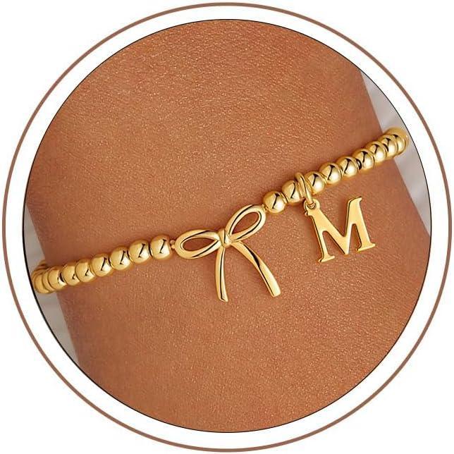 imageM MOOHAM Mothers Day Gifts Initial Bow Bracelets 14K Gold Plated Letter AZ Beaded Bracelet for Teen Girls Charm Stretch Initial Bracelets Women Dainty Bow Jewelry Personalized Birthday GiftsM