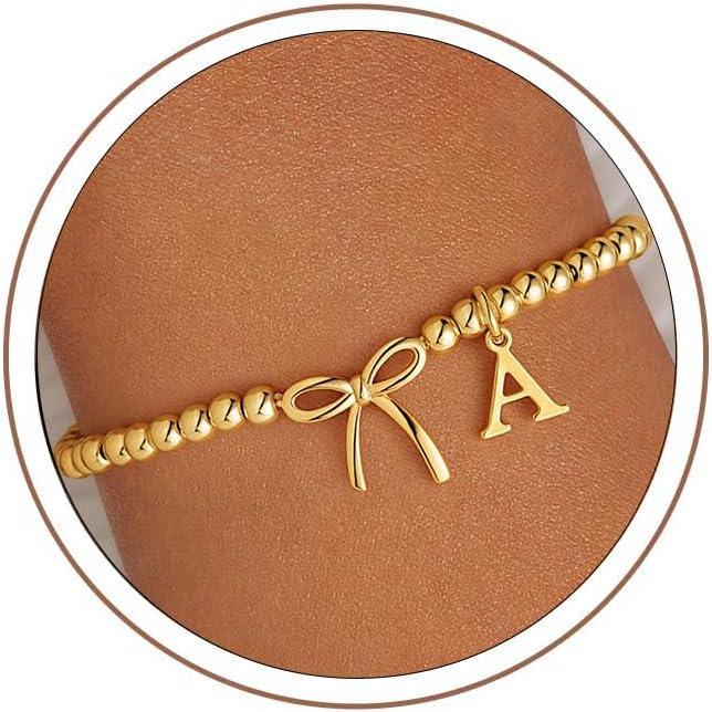 imageM MOOHAM Mothers Day Gifts Initial Bow Bracelets 14K Gold Plated Letter AZ Beaded Bracelet for Teen Girls Charm Stretch Initial Bracelets Women Dainty Bow Jewelry Personalized Birthday GiftsA