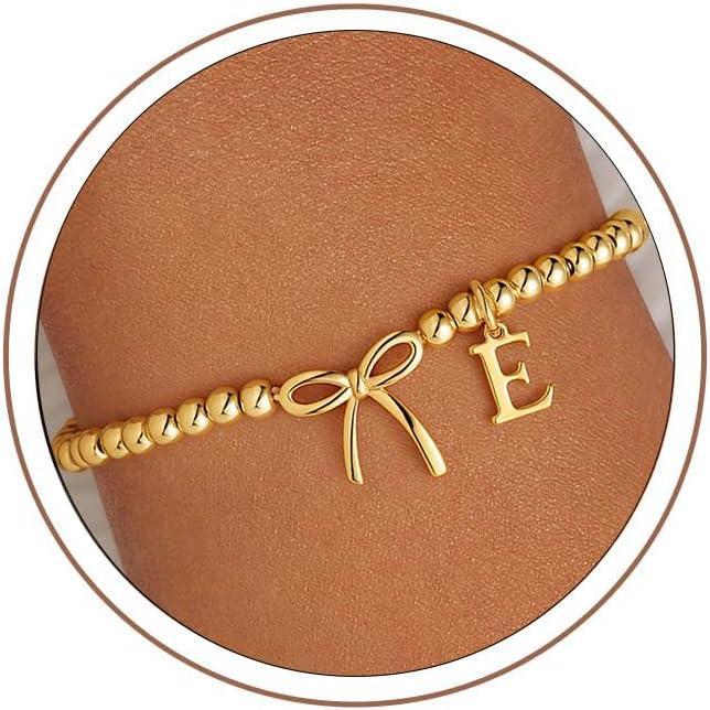 imageM MOOHAM Mothers Day Gifts  Initial Bow Bracelets 14K Gold Plated Letter AZ Beaded Bracelet for Teen Girls Charm Stretch Initial Bracelets Women Dainty Bow Jewelry Personalized Birthday GiftsE