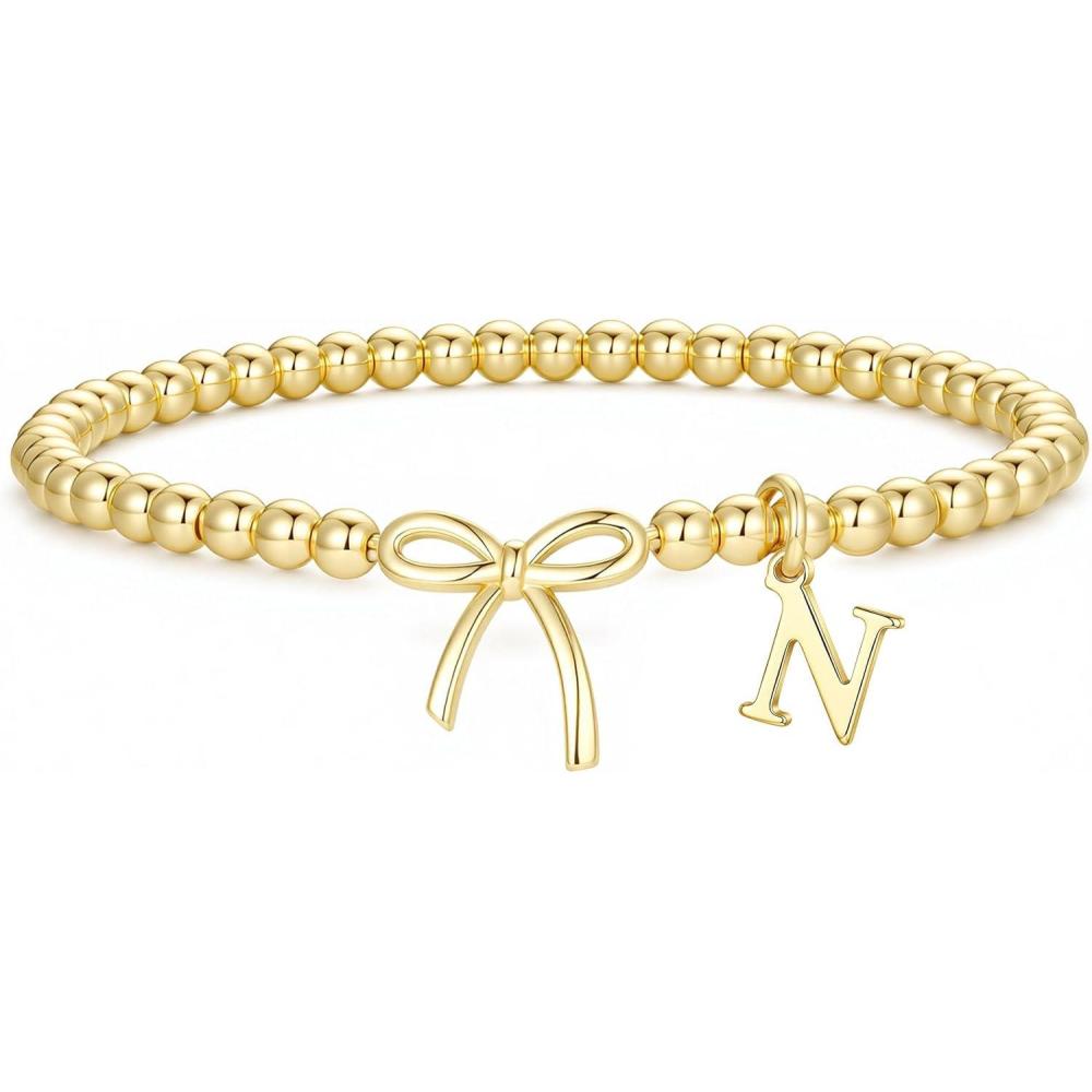 imageM MOOHAM Mothers Day Gifts Initial Bow Bracelets 14K Gold Plated Letter AZ Beaded Bracelet for Teen Girls Charm Stretch Initial Bracelets Women Dainty Bow Jewelry Personalized Birthday GiftsN