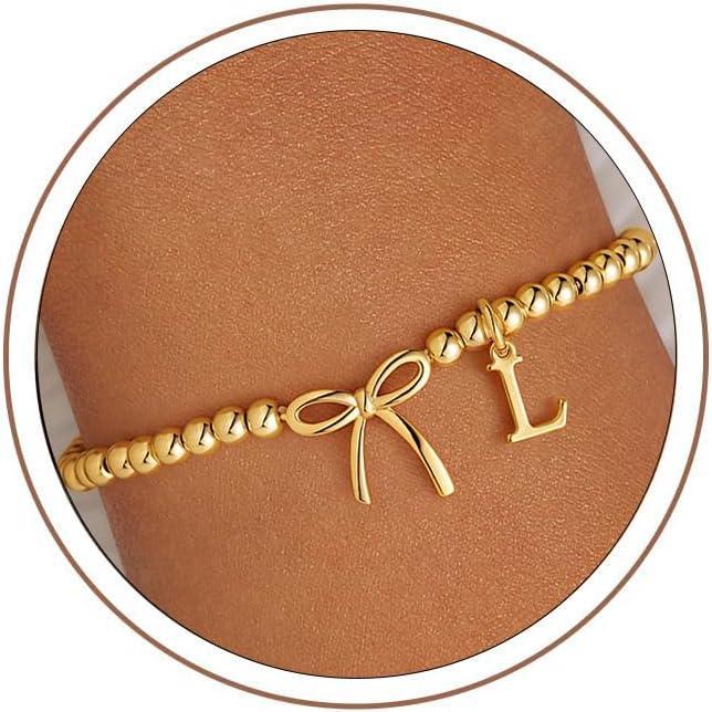 imageM MOOHAM Mothers Day Gifts Initial Bow Bracelets 14K Gold Plated Letter AZ Beaded Bracelet for Teen Girls Charm Stretch Initial Bracelets Women Dainty Bow Jewelry Personalized Birthday GiftsL