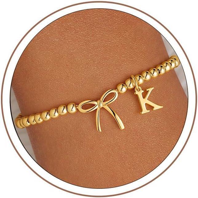 imageM MOOHAM Mothers Day Gifts Initial Bow Bracelets 14K Gold Plated Letter AZ Beaded Bracelet for Teen Girls Charm Stretch Initial Bracelets Women Dainty Bow Jewelry Personalized Birthday GiftsK
