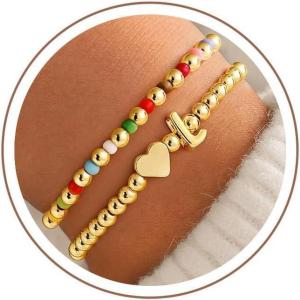 M MOOHAM Initial Bracelet – 14k Gold Plated Heart Initial Letter A-Z Beaded Bracelets for Women Trendy, Dainty 2PCS Colorful Stretch Beaded Bracelet Jewelry Personalized Birthday Gifts for Women(L)