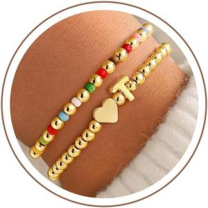 M MOOHAM Initial Bracelet – 14k Gold Plated Heart Initial Letter A-Z Beaded Bracelets for Women Trendy, Dainty 2PCS Colorful Stretch Beaded Bracelet Jewelry Personalized Birthday Gifts for Women(T)
