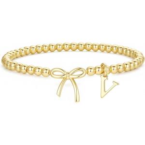 M MOOHAM Mothers Day Gifts – Initial Bow Bracelets, 14K Gold Plated Letter A-Z Beaded Bracelet for Teen Girls, Charm Stretch Initial Bracelets, Women Dainty Bow Jewelry Personalized Birthday Gifts(V)