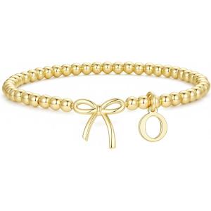 M MOOHAM Mothers Day Gifts – Initial Bow Bracelets, 14K Gold Plated Letter A-Z Beaded Bracelet for Teen Girls, Charm Stretch Initial Bracelets, Women Dainty Bow Jewelry Personalized Birthday Gifts(O)