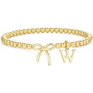 M MOOHAM Mothers Day Gifts – Initial Bow Bracelets, 14K Gold Plated Letter A-Z Beaded Bracelet for Teen Girls, Charm Stretch Initial Bracelets, Women Dainty Bow Jewelry Personalized Birthday Gifts(W)