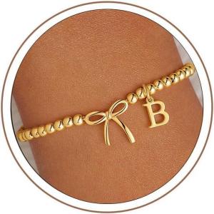 M MOOHAM Mothers Day Gifts – Initial Bow Bracelets, 14K Gold Plated Letter A-Z Beaded Bracelet for Teen Girls, Charm Stretch Initial Bracelets, Women Dainty Bow Jewelry Personalized Birthday Gifts(B)