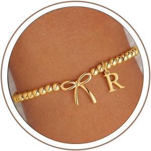 M MOOHAM Mothers Day Gifts – Initial Bow Bracelets, 14K Gold Plated Letter A-Z Beaded Bracelet for Teen Girls, Charm Stretch Initial Bracelets, Women Dainty Bow Jewelry Personalized Birthday Gifts(R)