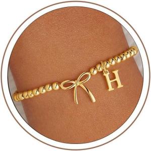 M MOOHAM Mothers Day Gifts – Initial Bow Bracelets, 14K Gold Plated Letter A-Z Beaded Bracelet for Teen Girls, Charm Stretch Initial Bracelets, Women Dainty Bow Jewelry Personalized Birthday Gifts(H)
