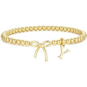 M MOOHAM Mothers Day Gifts – Initial Bow Bracelets, 14K Gold Plated Letter A-Z Beaded Bracelet for Teen Girls, Charm Stretch Initial Bracelets, Women Dainty Bow Jewelry Personalized Birthday Gifts(Y)
