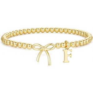 M MOOHAM Mothers Day Gifts – Initial Bow Bracelets, 14K Gold Plated Letter A-Z Beaded Bracelet for Teen Girls, Charm Stretch Initial Bracelets, Women Dainty Bow Jewelry Personalized Birthday Gifts(F)
