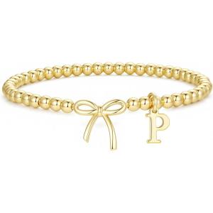 M MOOHAM Mothers Day Gifts – Initial Bow Bracelets, 14K Gold Plated Letter A-Z Beaded Bracelet for Teen Girls, Charm Stretch Initial Bracelets, Women Dainty Bow Jewelry Personalized Birthday Gifts(P)
