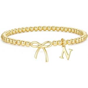 M MOOHAM Mothers Day Gifts – Initial Bow Bracelets, 14K Gold Plated Letter A-Z Beaded Bracelet for Teen Girls, Charm Stretch Initial Bracelets, Women Dainty Bow Jewelry Personalized Birthday Gifts(N)