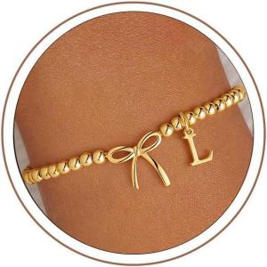 M MOOHAM Mothers Day Gifts – Initial Bow Bracelets, 14K Gold Plated Letter A-Z Beaded Bracelet for Teen Girls, Charm Stretch Initial Bracelets, Women Dainty Bow Jewelry Personalized Birthday Gifts(L)