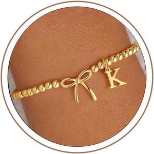 M MOOHAM Mothers Day Gifts – Initial Bow Bracelets, 14K Gold Plated Letter A-Z Beaded Bracelet for Teen Girls, Charm Stretch Initial Bracelets, Women Dainty Bow Jewelry Personalized Birthday Gifts(K)