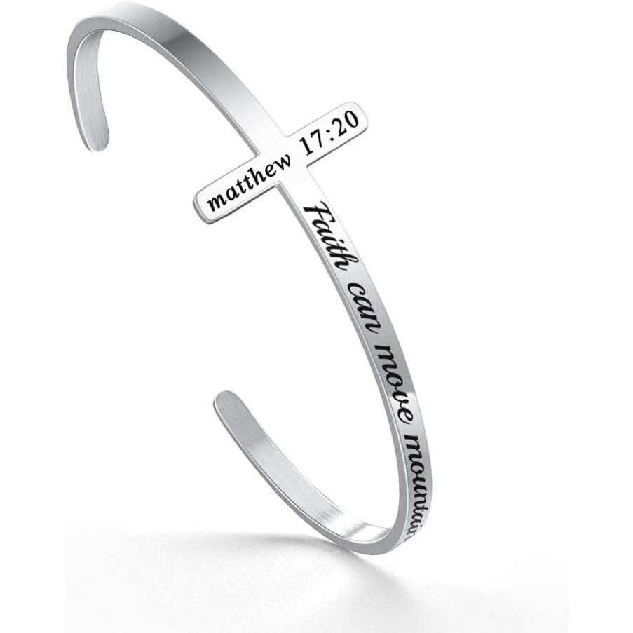 imageM MOOHAM Cross Bracelet Christian Gifts for Women Engraved Quote Religious Cuff Bangle Bible Verse Jewelry Gift for Women Confirmation Baptism Gifts Christian BraceletFaith can move mountains