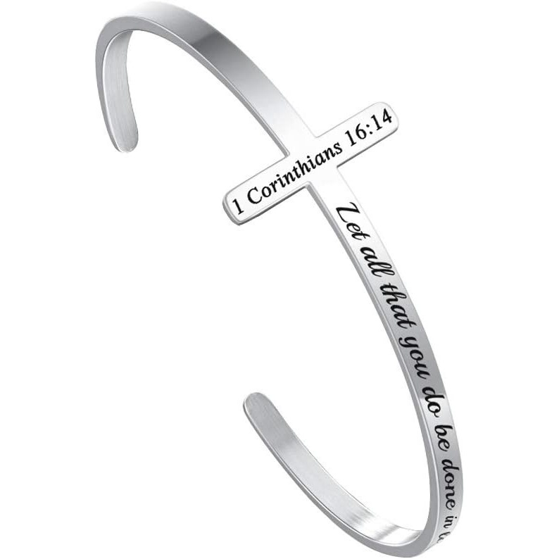 imageM MOOHAM Cross Bracelet Christian Gifts for Women Engraved Quote Religious Cuff Bangle Bible Verse Jewelry Gift for Women Confirmation Baptism Gifts Christian BraceletLet all that you do be done in love