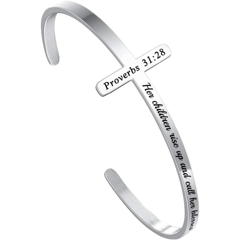 imageM MOOHAM Cross Bracelet Christian Gifts for Women Engraved Quote Religious Cuff Bangle Bible Verse Jewelry Gift for Women Confirmation Baptism Gifts Christian BraceletHer children rise up and call her blessed
