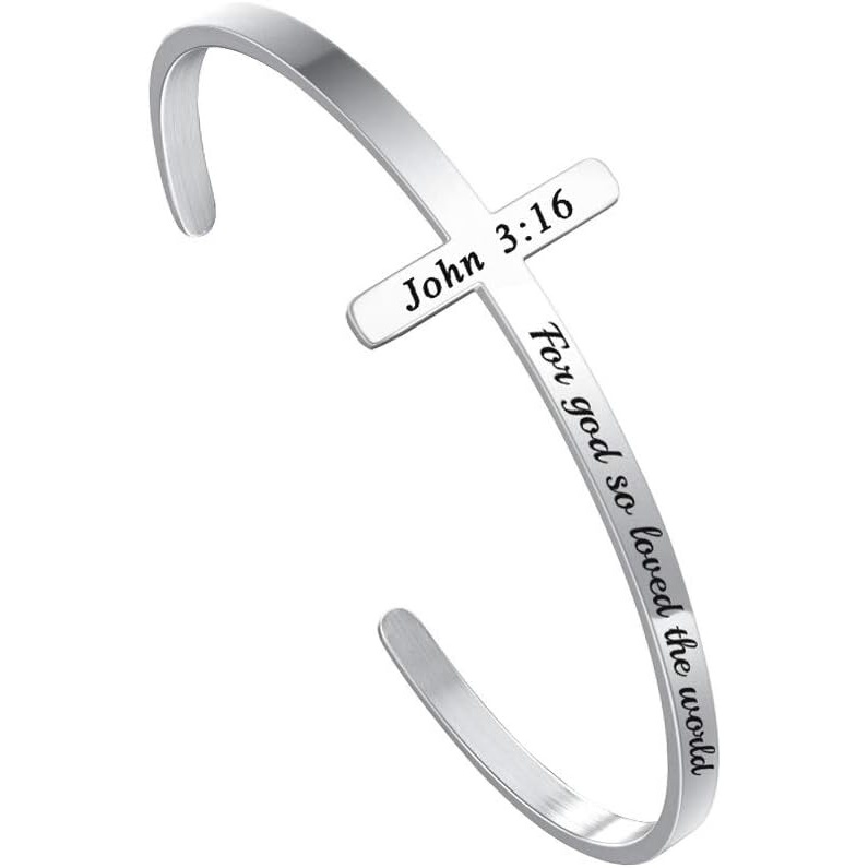 imageM MOOHAM Cross Bracelet  Christian Gifts for Women  Engraved Quote Religious Cuff Bangle Bible Verse Jewelry Gift for Women Confirmation Baptism Gifts Christian BraceletFor god so loved the world
