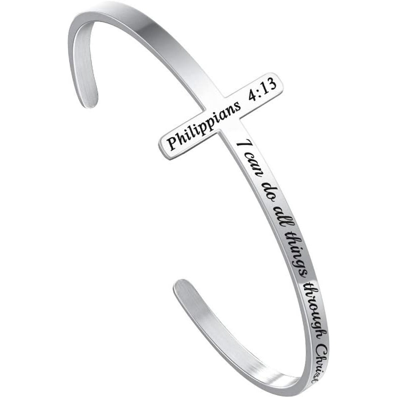 imageM MOOHAM Cross Bracelet Christian Gifts for Women Engraved Quote Religious Cuff Bangle Bible Verse Jewelry Gift for Women Confirmation Baptism Gifts Christian BraceletI can do all tings through Christ who strengthens me