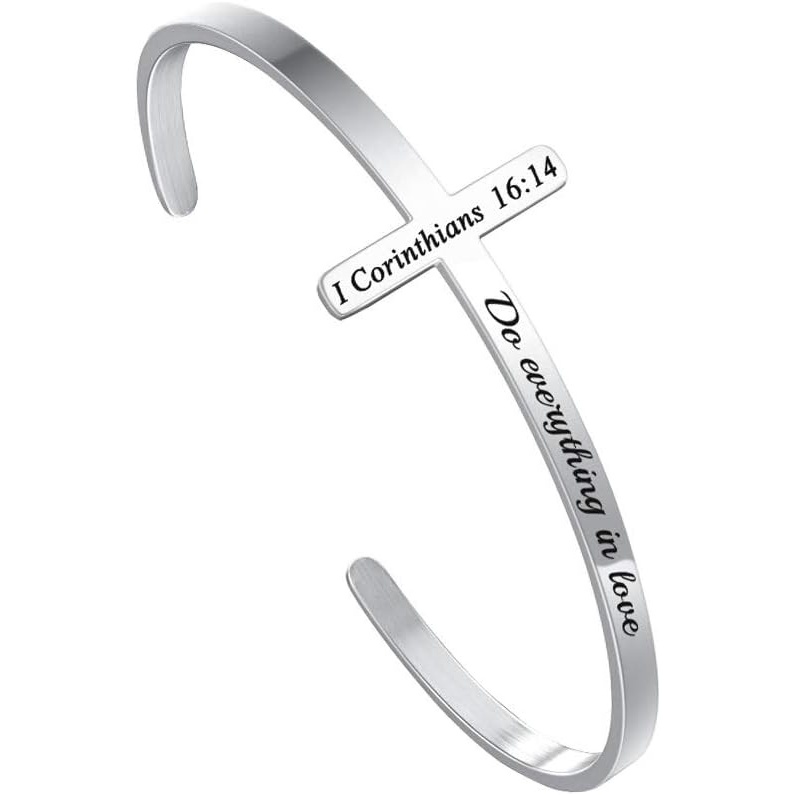 imageM MOOHAM Cross Bracelet Christian Gifts for Women Engraved Quote Religious Cuff Bangle Bible Verse Jewelry Gift for Women Confirmation Baptism Gifts Christian BraceletDo everything in love