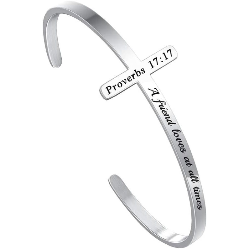 imageM MOOHAM Cross Bracelet  Christian Gifts for Women  Engraved Quote Religious Cuff Bangle Bible Verse Jewelry Gift for Women Confirmation Baptism Gifts Christian BraceletA friend loves at all times