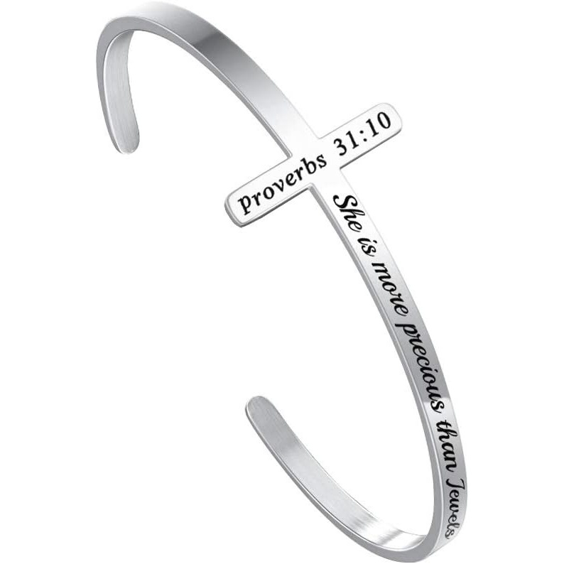 imageM MOOHAM Cross Bracelet Christian Gifts for Women Engraved Quote Religious Cuff Bangle Bible Verse Jewelry Gift for Women Confirmation Baptism Gifts Christian BraceletShe is more precious than jewels