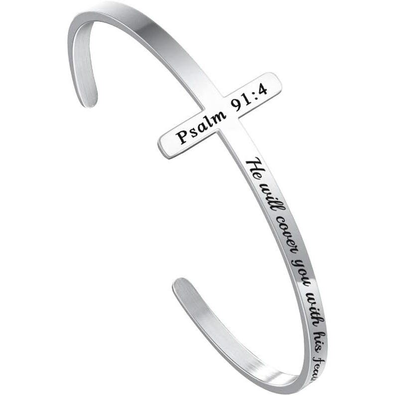 imageM MOOHAM Cross Bracelet  Christian Gifts for Women  Engraved Quote Religious Cuff Bangle Bible Verse Jewelry Gift for Women Confirmation Baptism Gifts Christian BraceletHe will cover you with his feathers  and under his wings you will find
