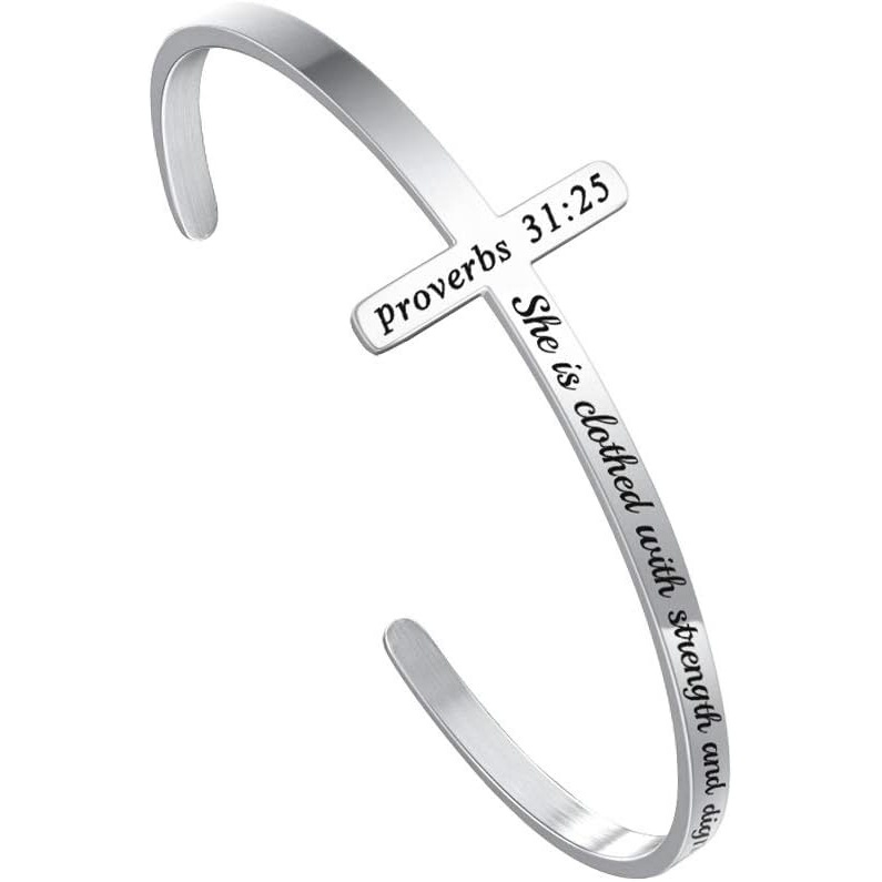 imageM MOOHAM Cross Bracelet Christian Gifts for Women Engraved Quote Religious Cuff Bangle Bible Verse Jewelry Gift for Women Confirmation Baptism Gifts Christian BraceletShe is clothed with strength and dignity and laughs without fear of the future