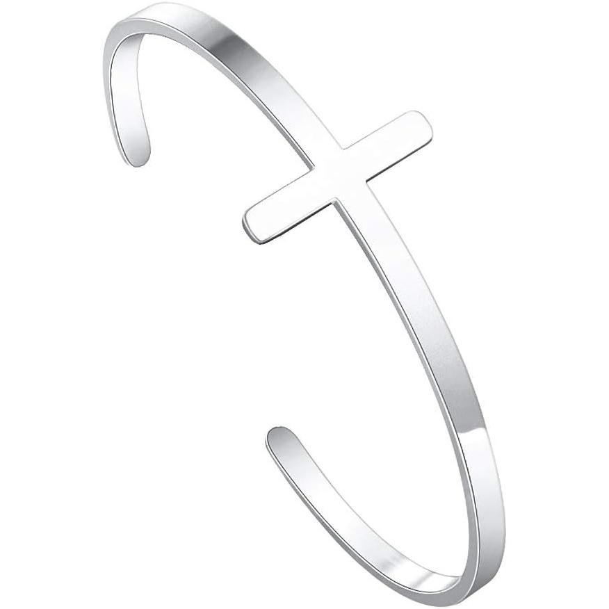 imageM MOOHAM Cross Bracelet Christian Gifts for Women Engraved Quote Religious Cuff Bangle Bible Verse Jewelry Gift for Women Confirmation Baptism Gifts Christian BraceletCross bracelet silver