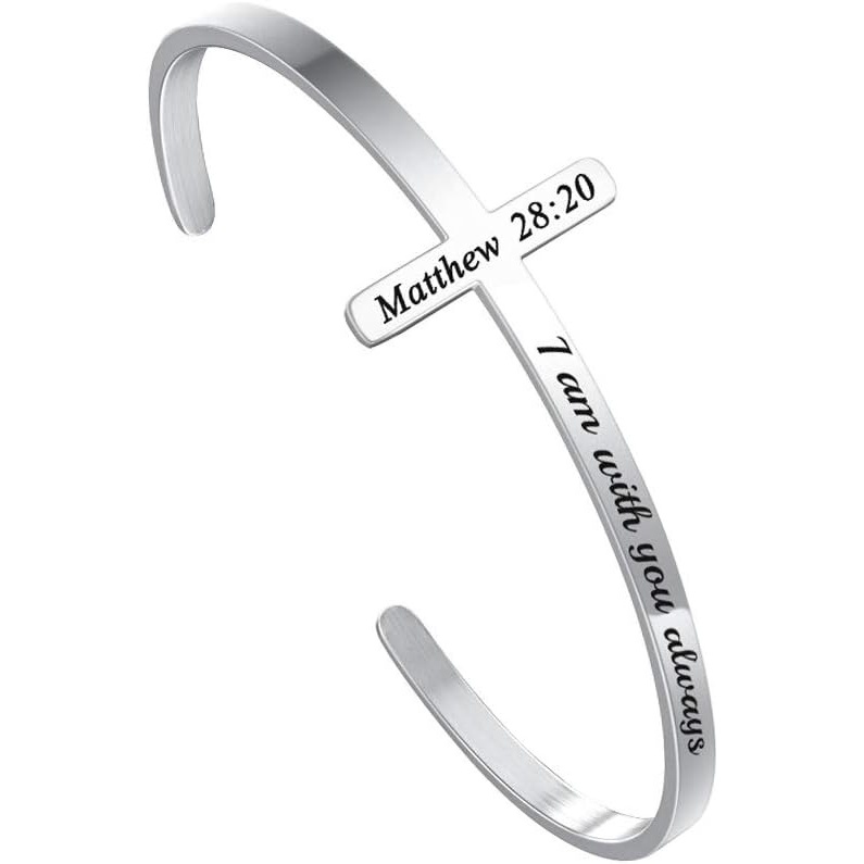 imageM MOOHAM Cross Bracelet Christian Gifts for Women Engraved Quote Religious Cuff Bangle Bible Verse Jewelry Gift for Women Confirmation Baptism Gifts Christian BraceletI am with you always